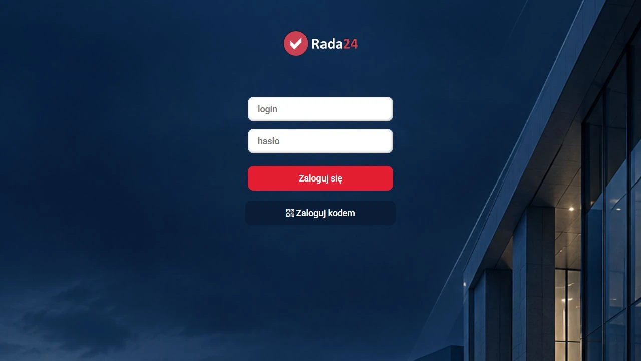 Ekran logowania do aplikacji uczestnika Rada24, z możliwością logowania kodem