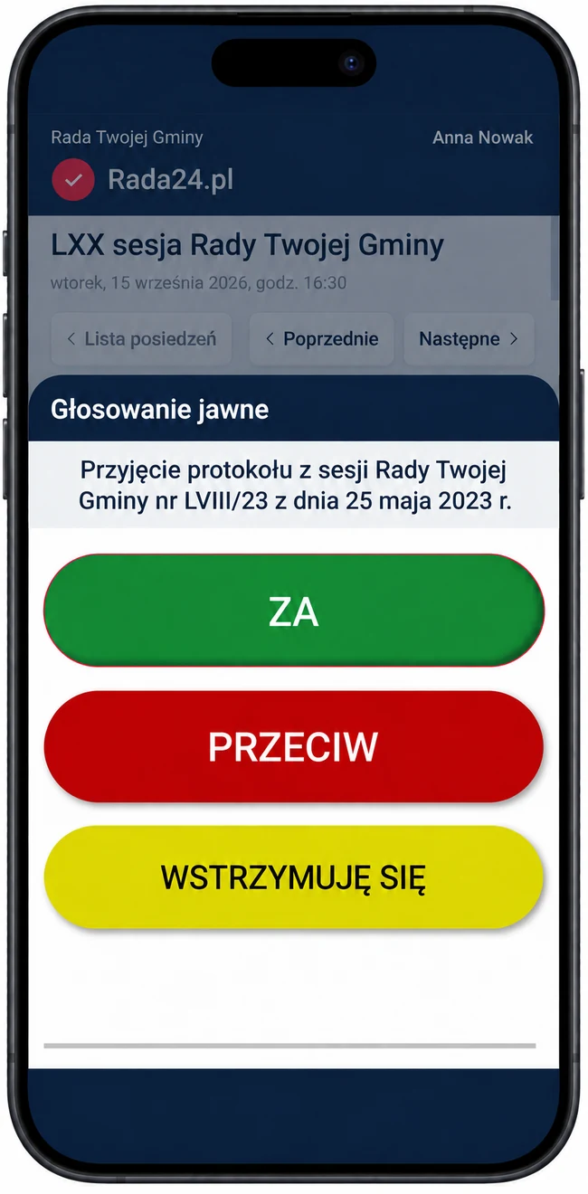 Głosowanie jawne w aplikacji uczestnika na smartfonie: za, przeciw, wstrzymuję się